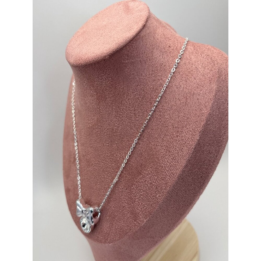 Silver Tone 16” Extender Chain Necklace Bow Pendant Made With Swarovski Crystal - Picture 3 of 5